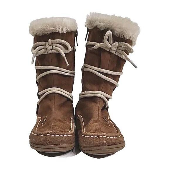 Carter’s Melissa Lace Tall Brown Moccasin Boots Floral Fur Trim Youth Size 9M - Picture 2 of 9